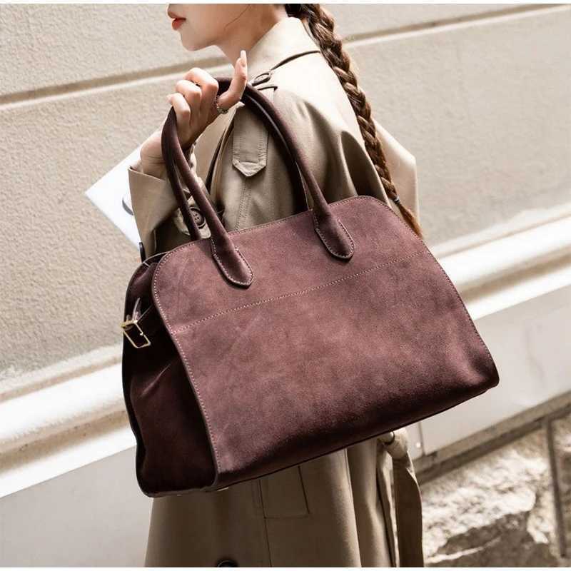 Natural Suede Tote Handbag For Wen Nubuck Leather Large Capacity Casual Tote Bag Roy Solid Cmute Bag Portable Handle Bag Z250514