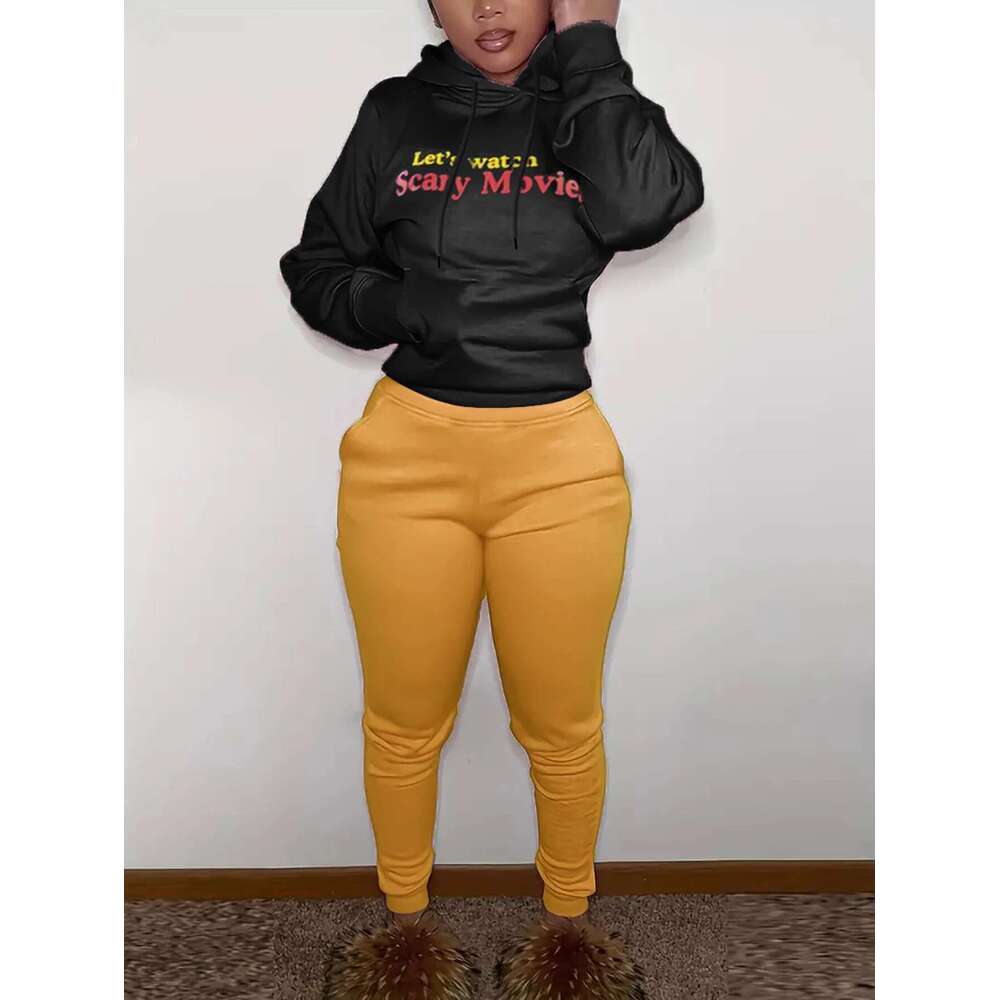 LW Plus Size Letter Print Kangaroo Pocket Tracksuit Set Women's Clothing Sweatsuit Hooded Collar Two Piece Outfit