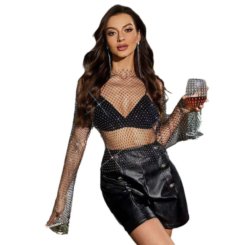 Wholesale Transparent Sexy Nightclub Women's Mesh Flashing Dia Round Neck Long Sleeved Top