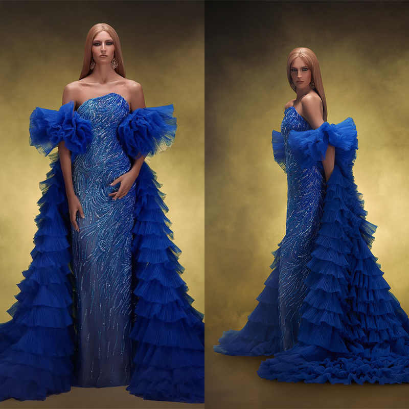 Stunning Mermaid Evening Dresses With Tiered Detachable Train Sequined Prom Dress Ladies Party Gowns Customized