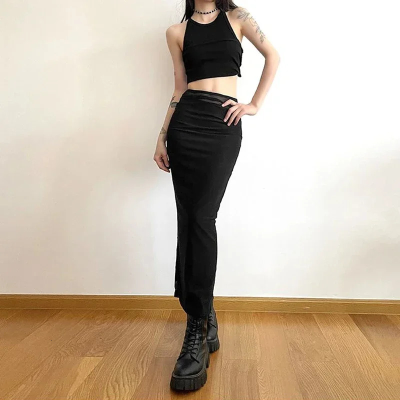 Y2K Black Long Skirts Women Harajuku Sexy Mesh Patchwork Wrap Skirt Summer Gothic Korean High Waist Slim A Line Foldas 250514