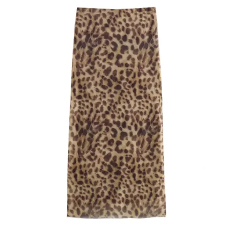 Women Leopard Tulle Midi Skirt Summer Fashion High Waist Elasticated Waistband Long Skirts Streetwear 250514