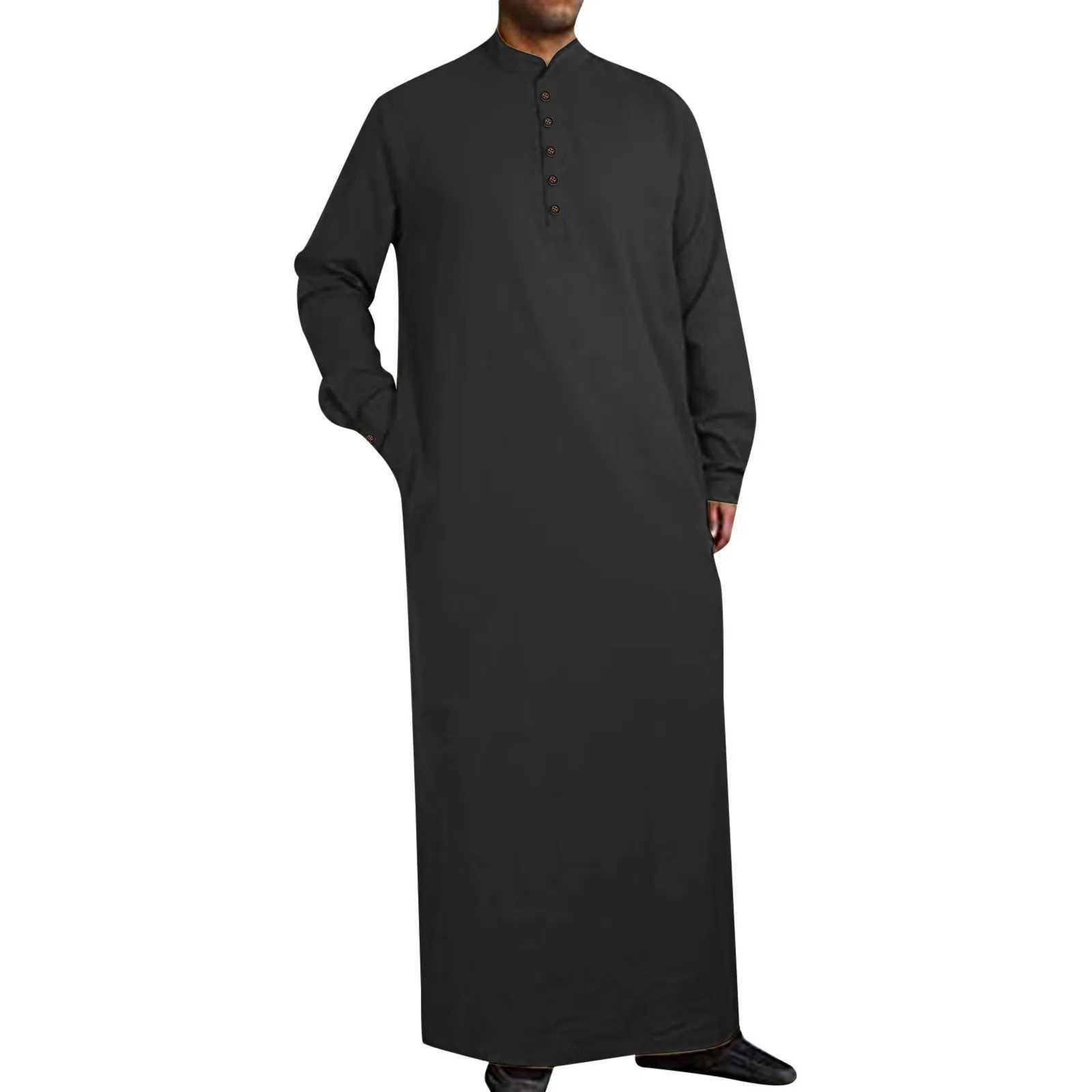 Men Button Islamic Muslim Robe Middle East Arabic Long Sleeve Jubba Thobe Side Slit Button Long Robes Pakistani Dubai Kaftan X250514