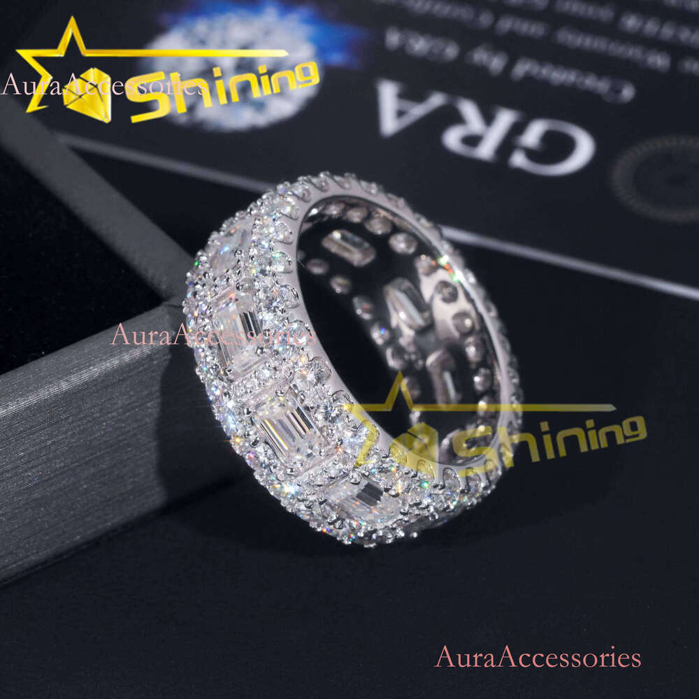 Emerald Cut Moissanite Iced Out Men's Sier Gold Plated Hip Hop Fine Jewelry Men Ring
