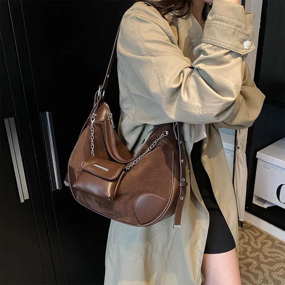 Suede Shoulder Adjustable Strap Crescent Zipper With Multi-Pocket Hobo Bag Vintage Handbag Purse For Women