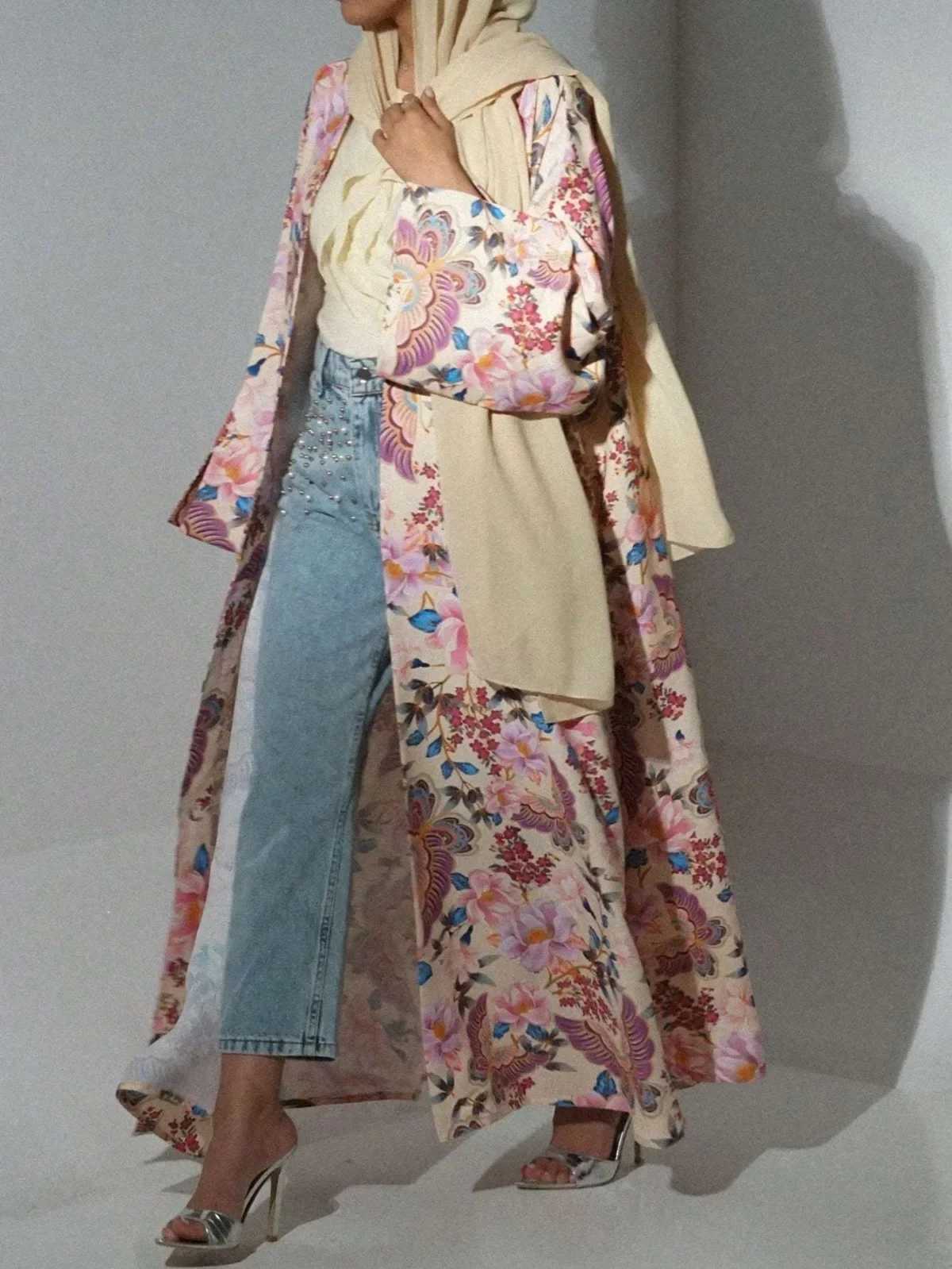 Middle Eastern Women Loose Abaya Muslim Full Slve Printed Floral Open Front Abayas Jilbabs Islamic Maxi Dresses Turkey Kaftans X2505141