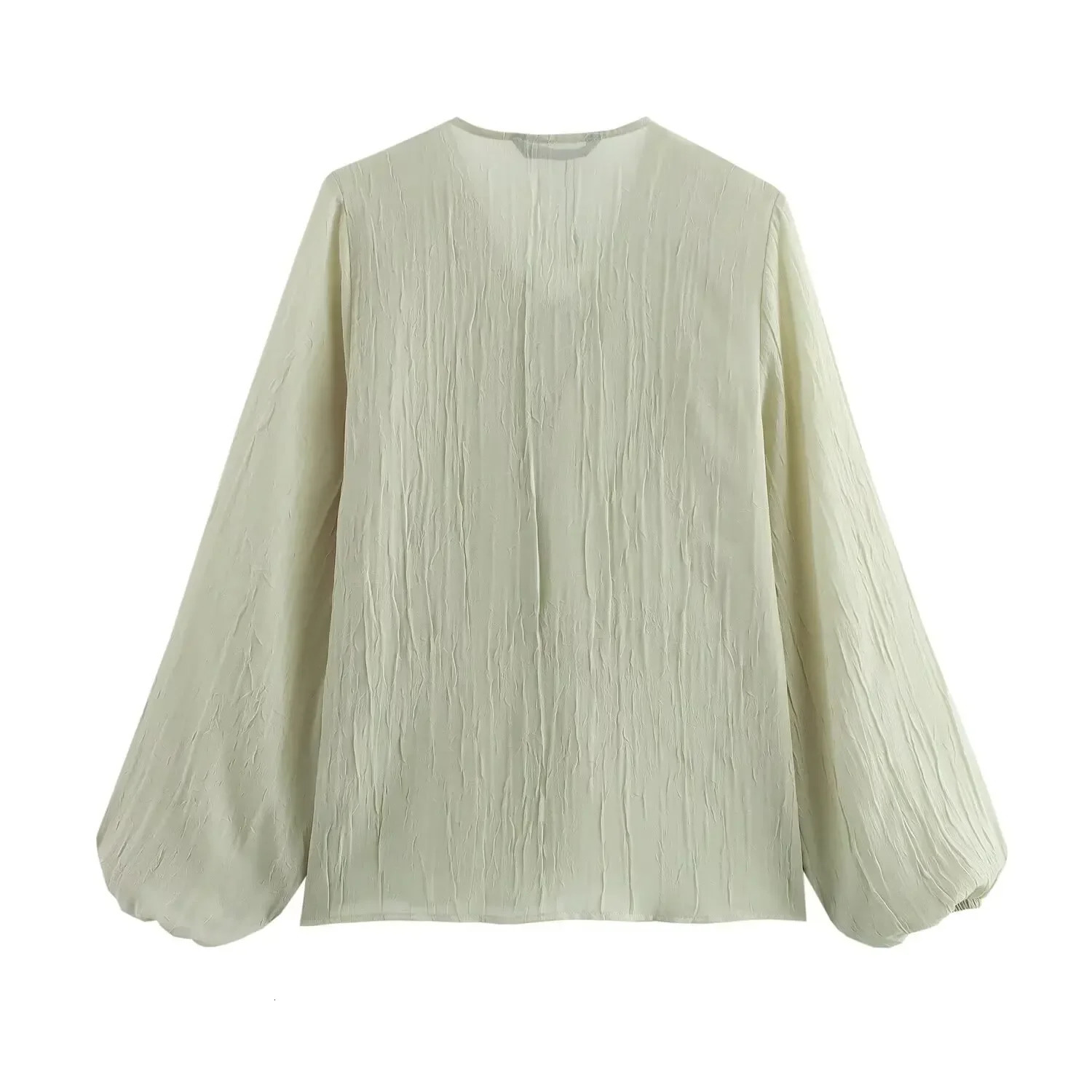 ZBZA Women Laceup Layered Cropped Shirt Solid Color Loose Vneck Puff Sleeves Elegant Sweet Blouse Spring Summer Chic Suit 250514