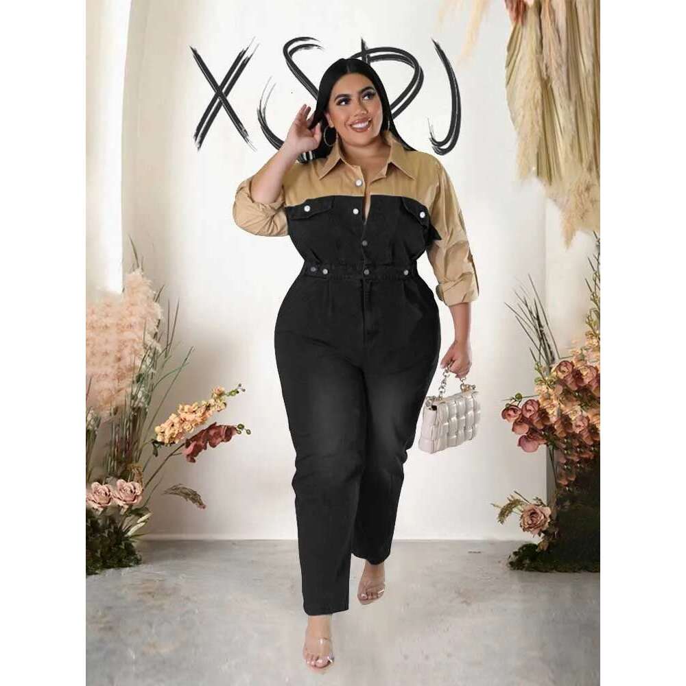 Casual Elegant Womens Jumpsuits with Jeans Autumn Winter Long Sleeve One Piece Outifts Cotton and Denim Jumpsuit Plus Size Lady