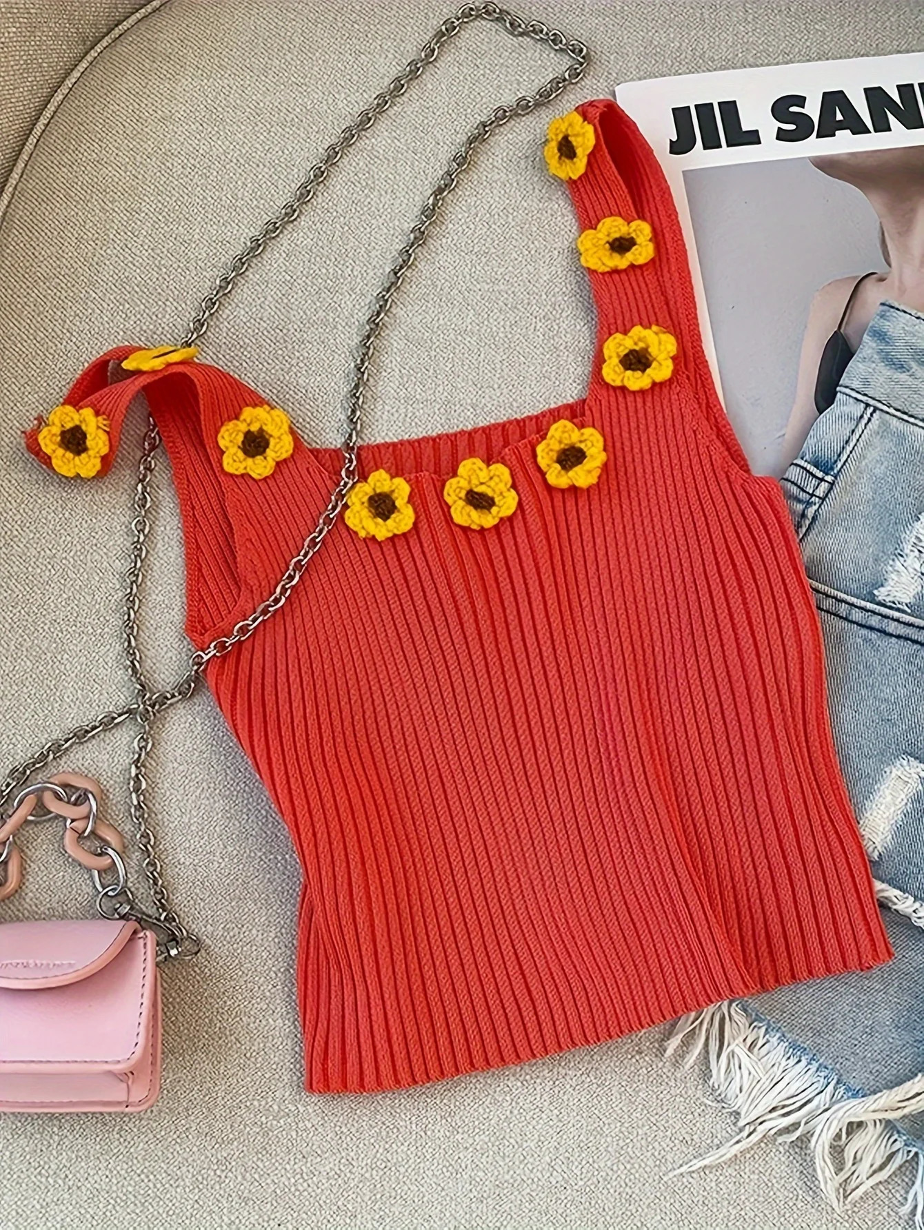 2025 Summer Knitted Sunflower Decorative Vest Sweet Square Neck Sleeveless Crop Top Womens Clothing Camis y2k 250506