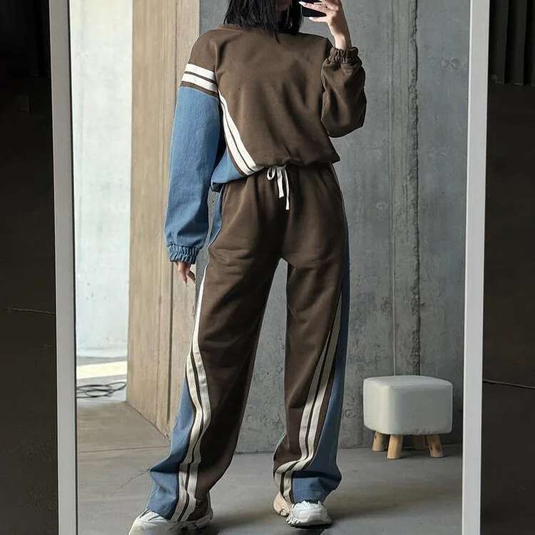 Getspring Women 2024 New Striped Patchwork Full Sleeve Pullover Sweatshirt Drawstring Loose Long Pant Two Pieces Sets