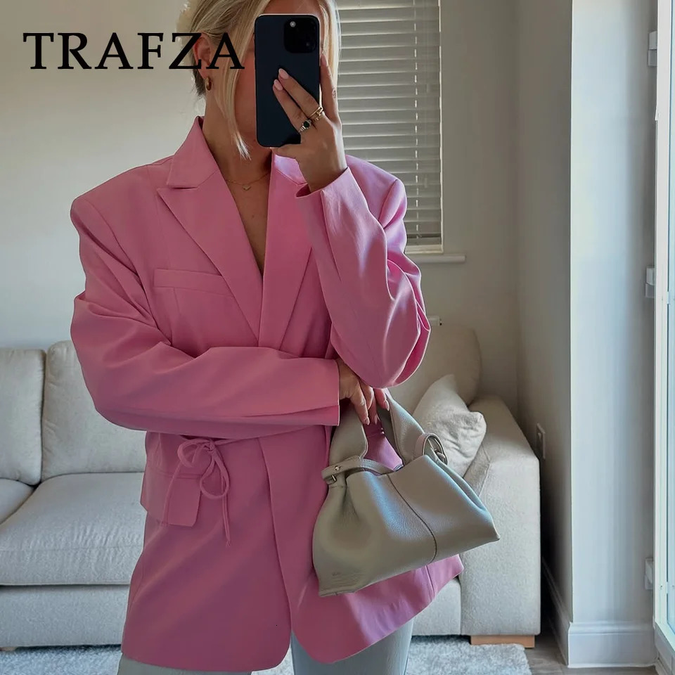 TRAFZA 2025 Spring Summer Office Lady Elegant Blazers Fashion Casual Solid Pink Lace Up Shrug Straight Chic Women Blazers 250513