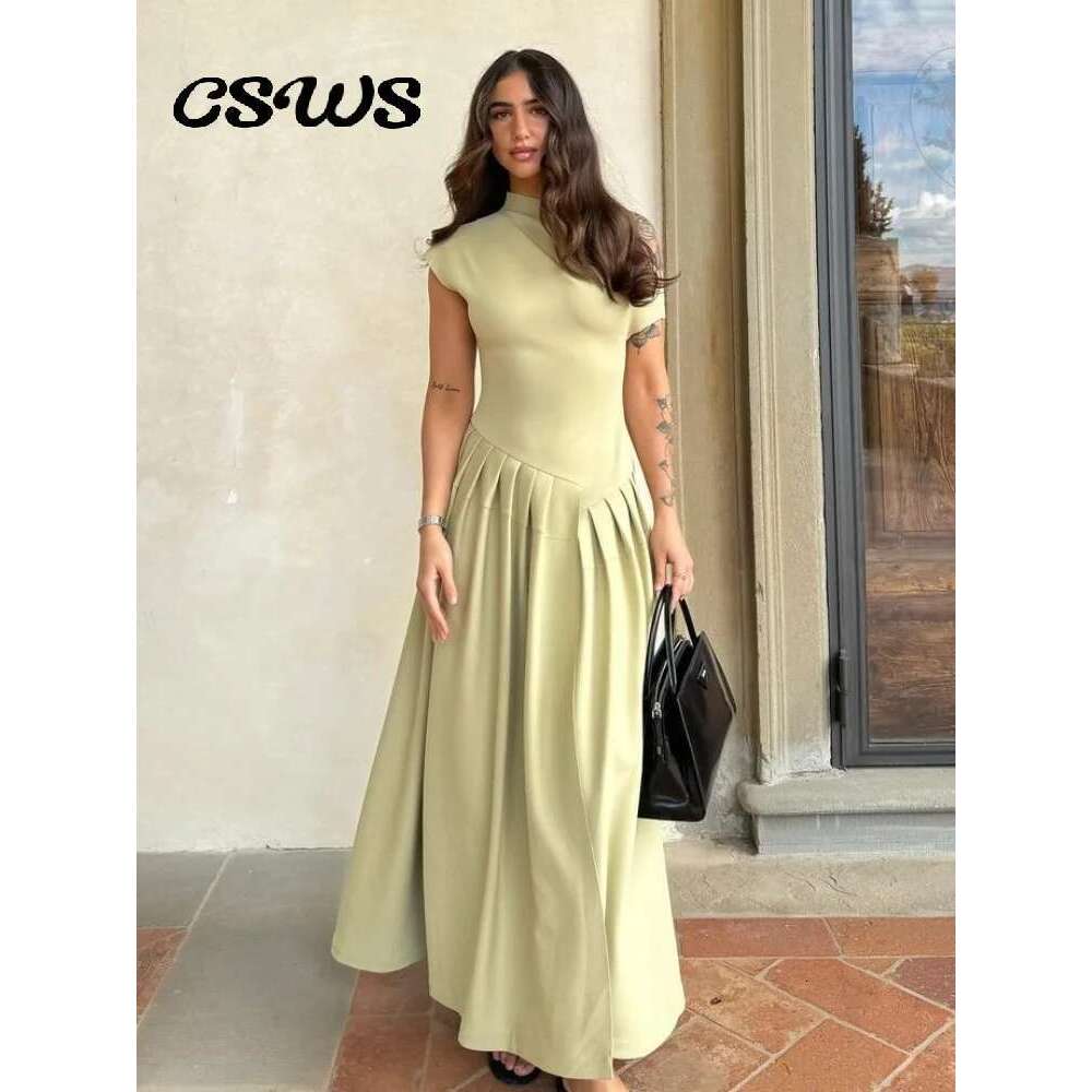 Elegant Off Shoulder Pleated Dress Women Fashion O Neck Short Sleeve Patchwork Long Dresses New Casual Office Lady Robe