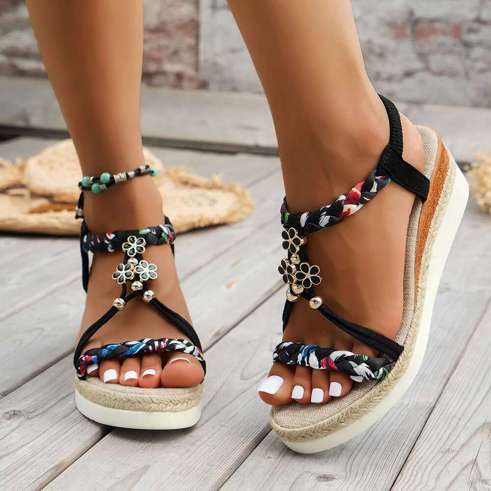 Women'S New Summer Classic Wedge Thick Sole Elevated Elastic Strap Open Toe Hollow Clear Heel Sandals For Beach Vacation
