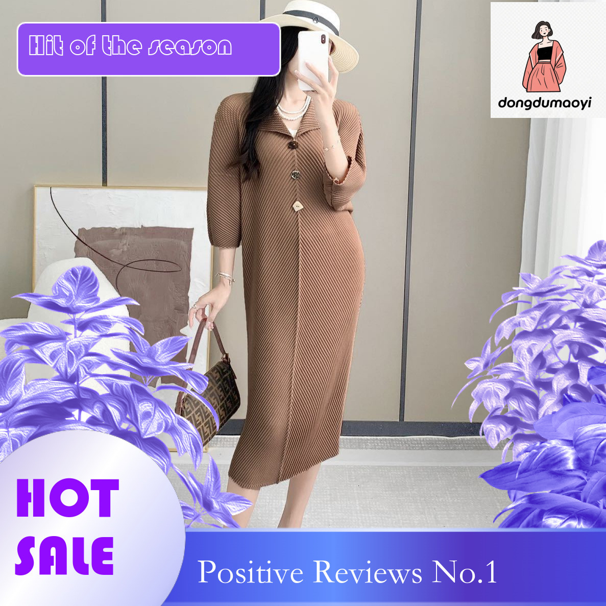 dongdumaoyi Miyake V neck pleated dress for autumn new style with loose three quarter sleeves and oversized temperament mid length skirt children s ou