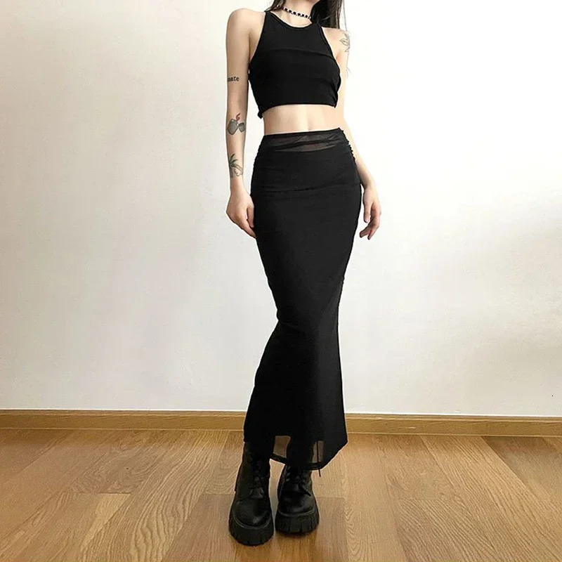 Y2K Black Long Skirts Women Harajuku Sexy Mesh Patchwork Wrap Skirt Summer Gothic Korean High Waist Slim A Line Foldas 250514