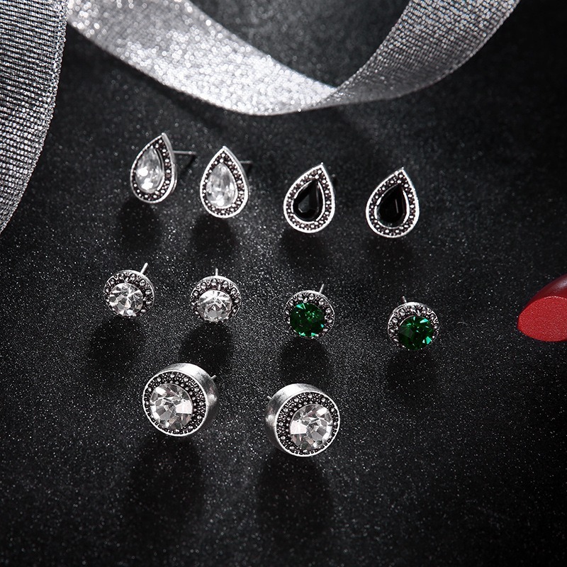 Trendy new product dazzling black tassel crystal simple 5-piece set earrings light colorful exquisite