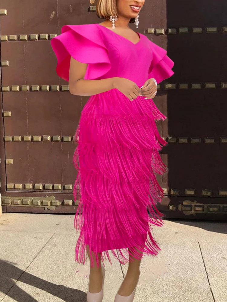 Rose Tassel Dress Plus Size 4XL Bodycon Slim Party Ruffles Short Sleeves V Neck Fringe Elegant Fashion Prom Evening Gowns 250506