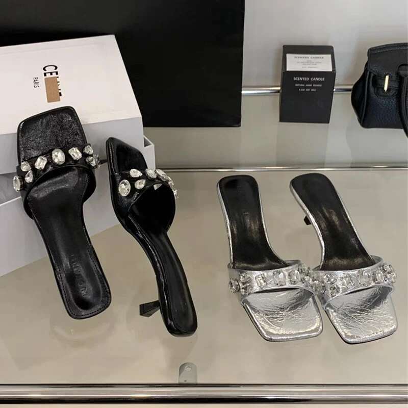 Crystal Women Slippers Square Toe High Heels Woman Sandals 2025 Summer Brand Sexy Party Shoes Zapatillas De Mujer