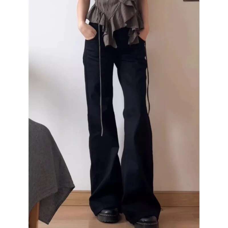 Botvotee Y2k Black Low Waist Jeans Flare Washed Vintage Casual Minimalist Denim Pants Grunge Solid Color Street Retro Trousers