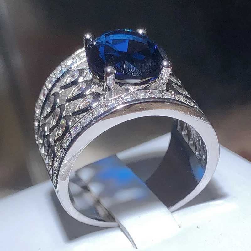 Hollow Blue Zircon Wedding Ring for Women Water Drop Net She Micro-inlaid Simulation Simple Jewelry Full Drill Engagement RingXJ250514
