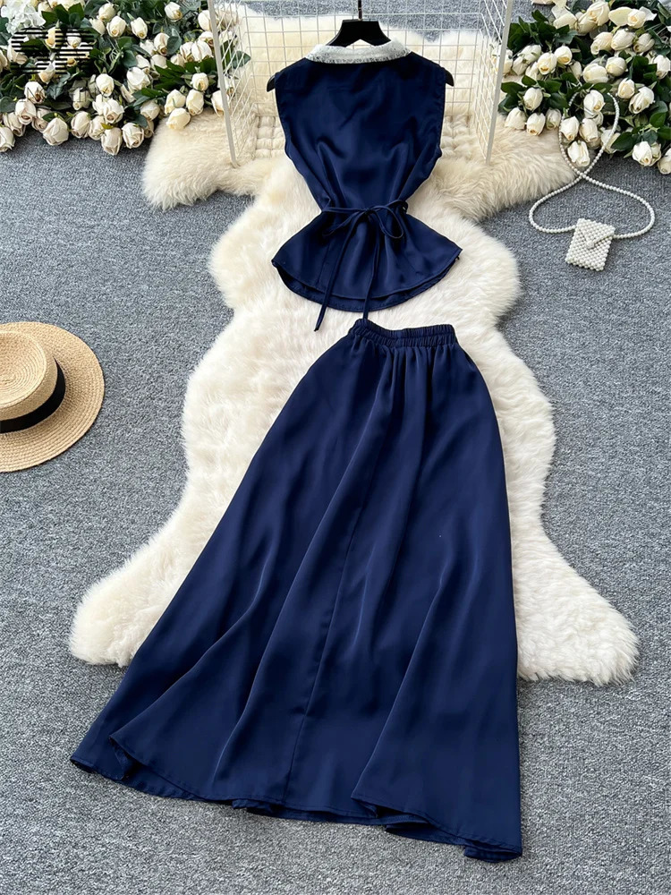 SINGREINY Elegant Summer French Two Piece Set Women Sleeveless Lace Tie n TopsLong Skirt Senior Fashion Vacation Suits 250514