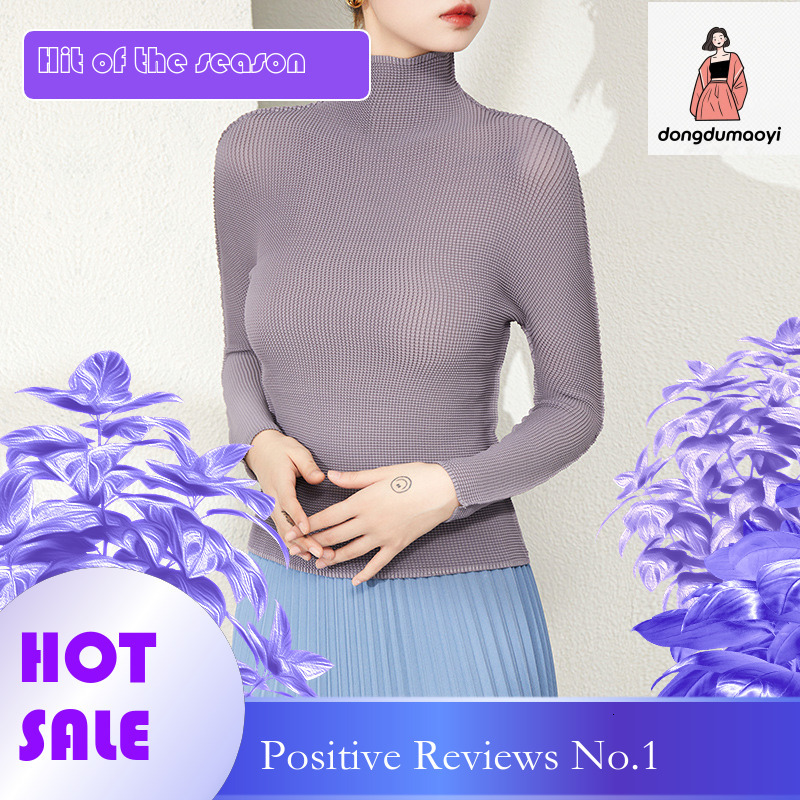 dongdumaoyi Miyake seamless integrated semi base shirt pleated high neck temperament, slim fit and slimming long sleeved T-shirt for women, thin versi