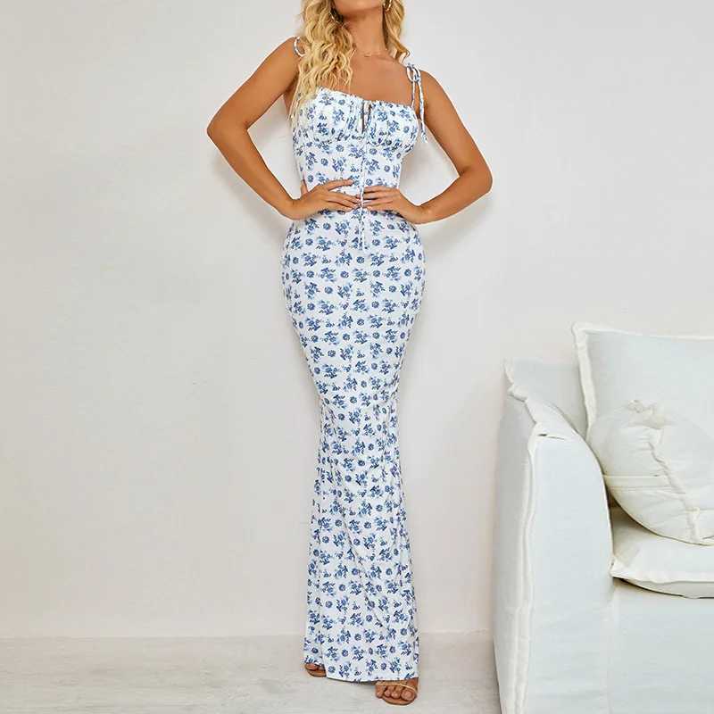 Female Elegant Slim Fitting Summer Floral Printed Bodycon Maxi Dress Spaghetti Strap Sleeveless Boho Style Streetwear Long DressXJ250514