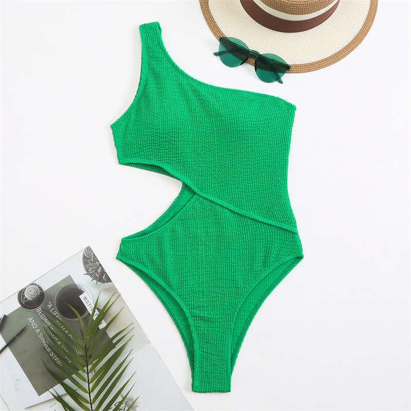 New sexy single shoulder solid color one-piece swimsuit from Europe America, hot selling and explosive for women. Source: 2025 new casual fashion tren