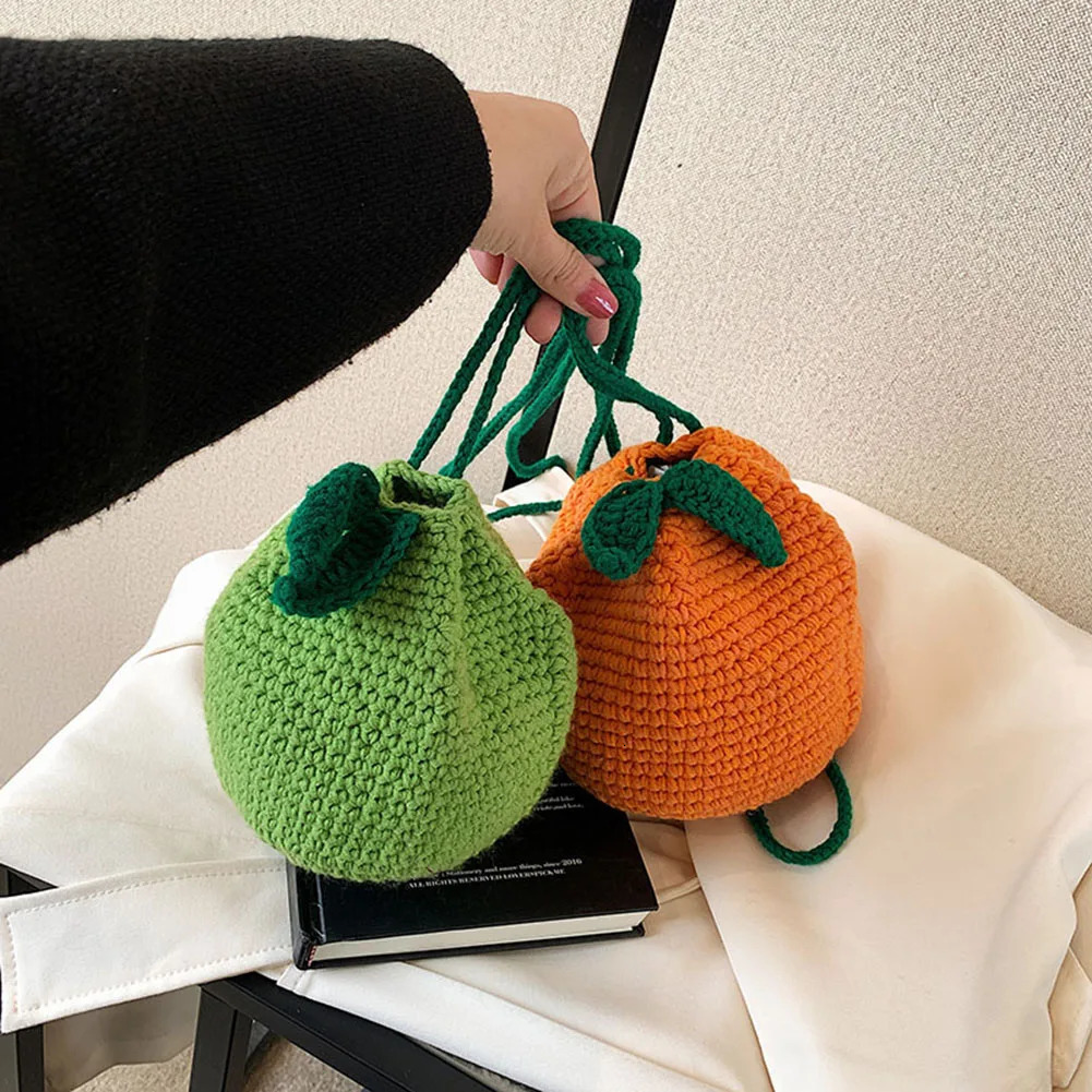 Female Knitted Purse Drawstring Crossbody Bag Orange Shape Cute Fruit Pouch Daily for Girls Women 250514