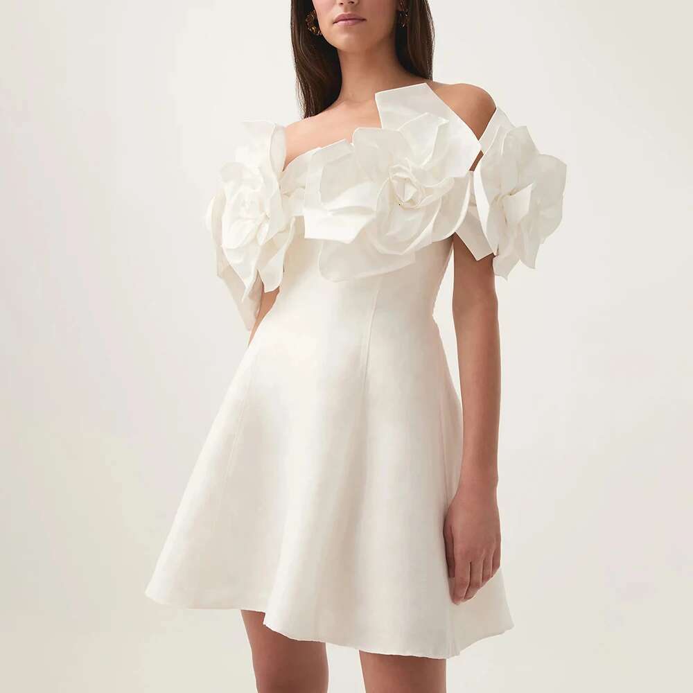TWOTWINSTYLE Solid Spliced 3D Flower Tunic Dresses for Women Slash Neck Off Shoulder High Waist Patchwork Zipper Dress Female