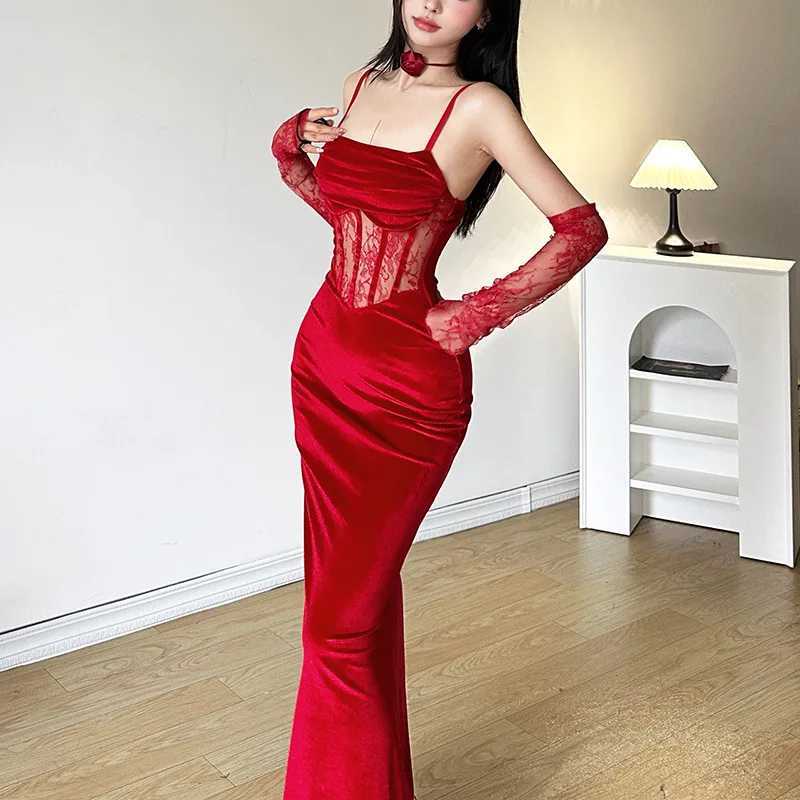 Nibber Winter Sisters Party Formal Senior Elegant Mature Sexy Beautiful Dirty Womens Long Lace Fishbone Sling Dress With SleeveXJ250514