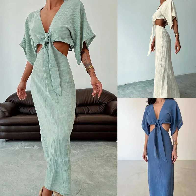 Sexy Slim Open Waist V-neck Dress Summer New Cut-out Open Back Long Dresses for WomenXJ250514