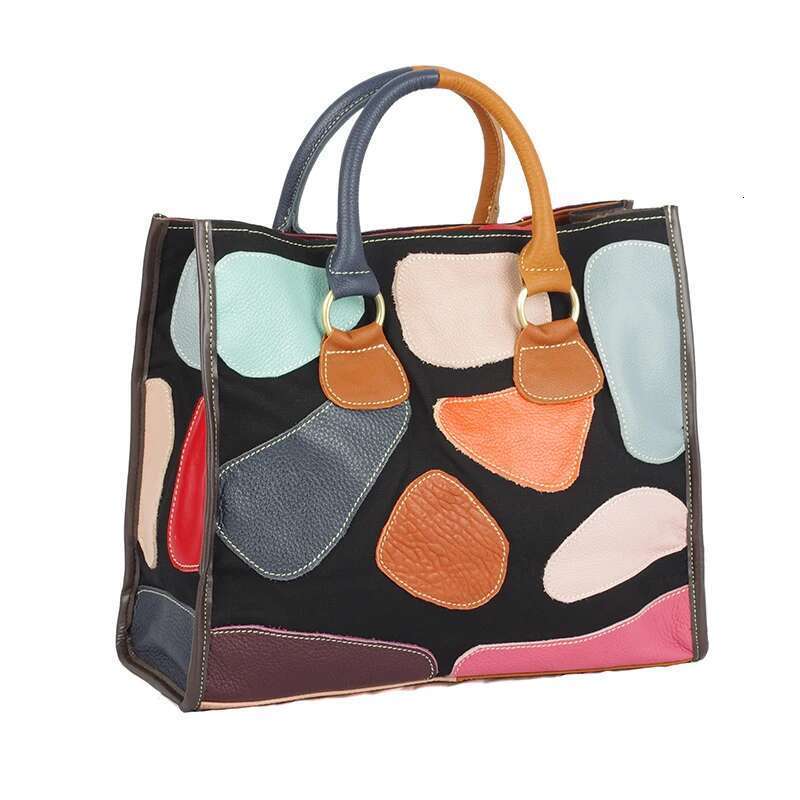 Genuine cowhide hand-ed with random contrasting colors, casual handheld crossbody bag for women