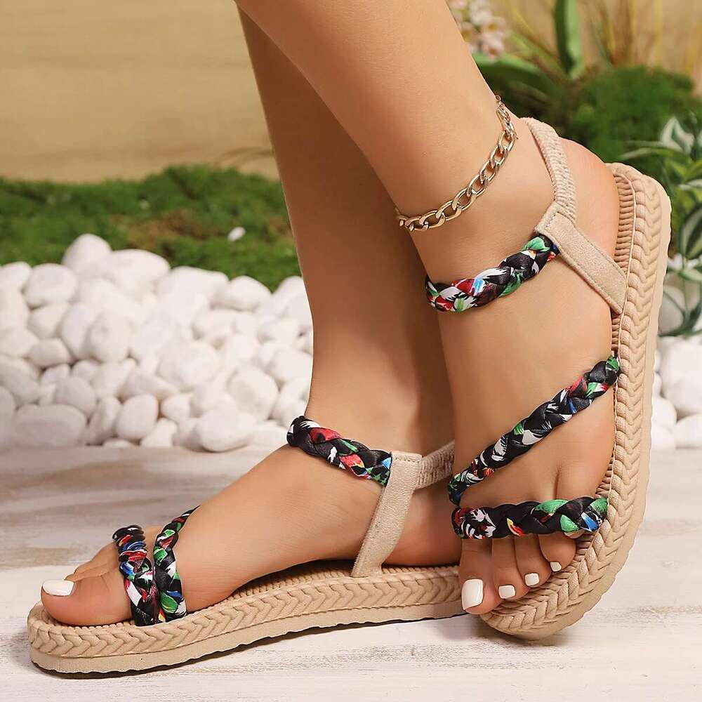 ral Printing Flat Sandals for Women Summer Lightweight Slip On Beach Shoes Woman Braided Band Bohemian Sandalas Mujer