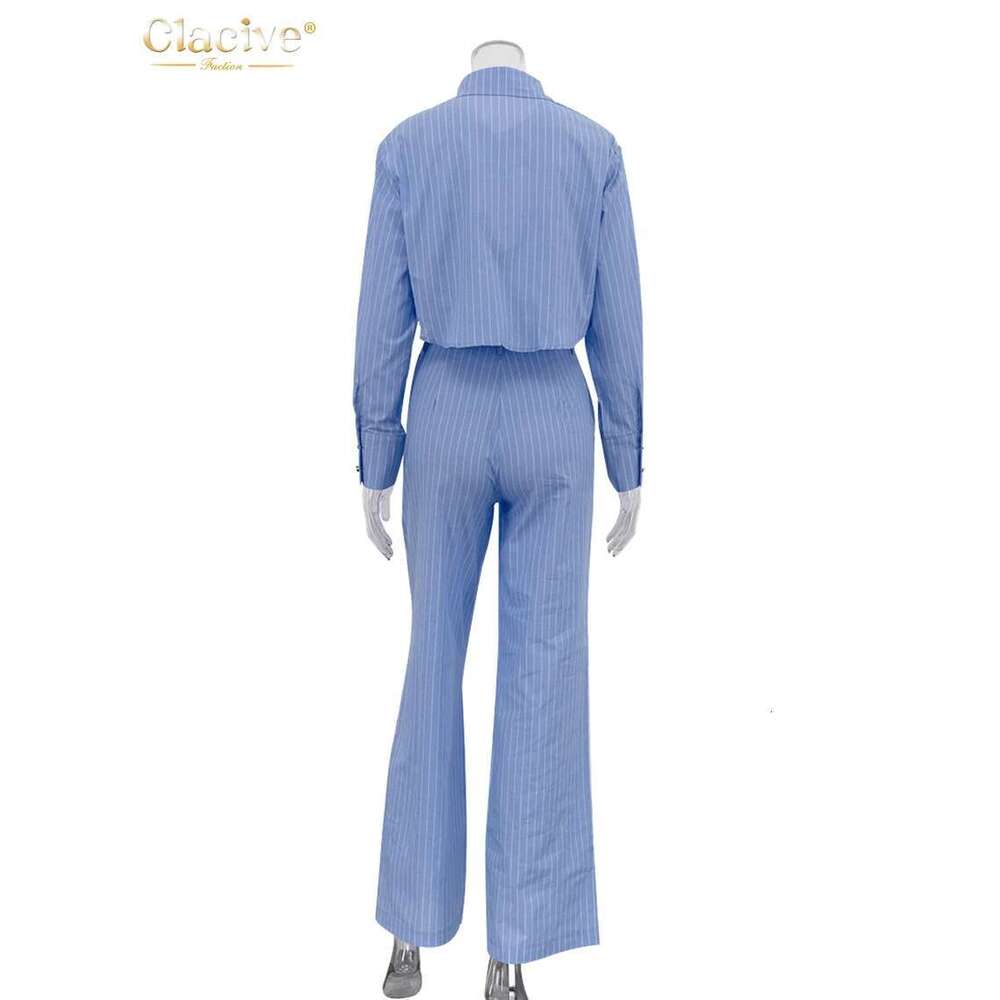 Clacive Fashion Loose Blue Stripe Cotton 2 Piece Sets Women Outfit 2025 Elegant Long Sleeve Shirt With High Waist Wide Pants Set