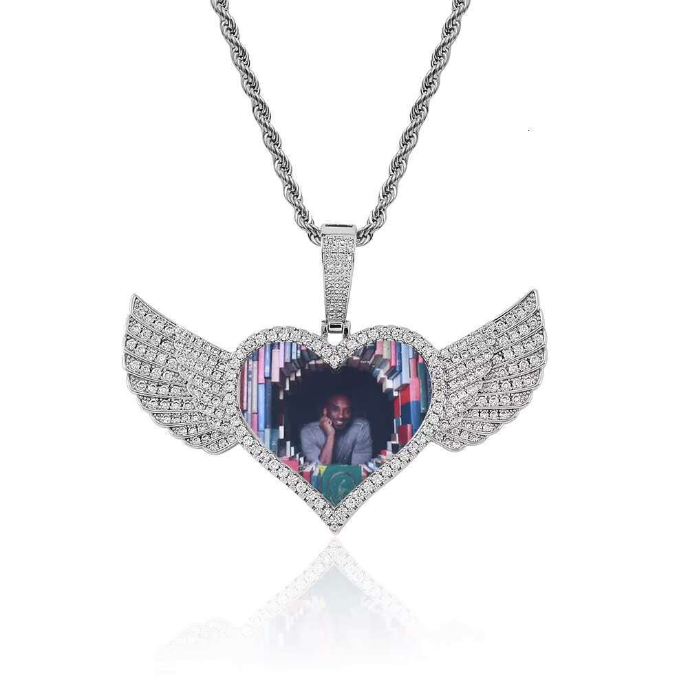 Hip hop Heart Photo Pendant Men's Personalized Memory Picture Necklace with Wings