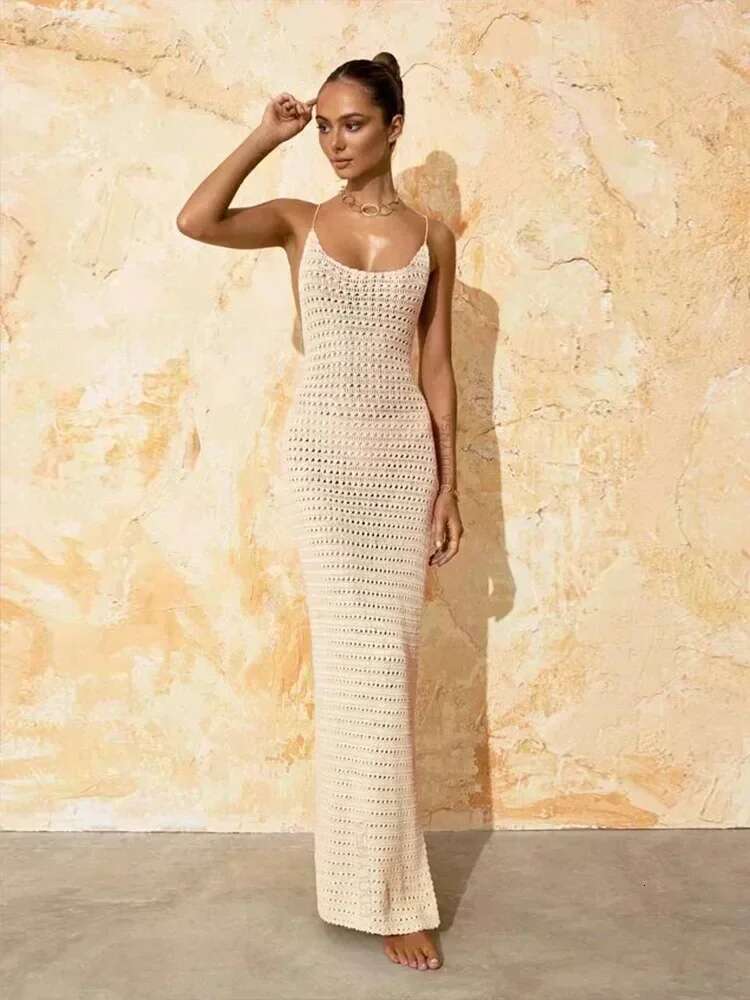 Sexy Knit Cut Out Tassel Spaghetti Strap Bodycon Beach Maxi Dress Summer Women's Holiday Club Party Outfit Swimsuit Cover Up K10