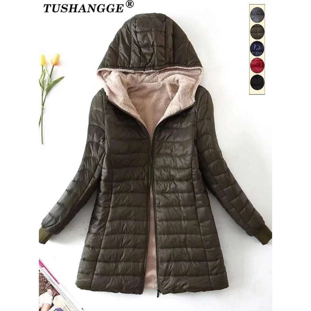 New Mid Length Korean Edition Hooded Fit Women Jackets Autumn Winter Mid-Length Office Cotton Coats Warm Lamb Fleece Parkas Designer
