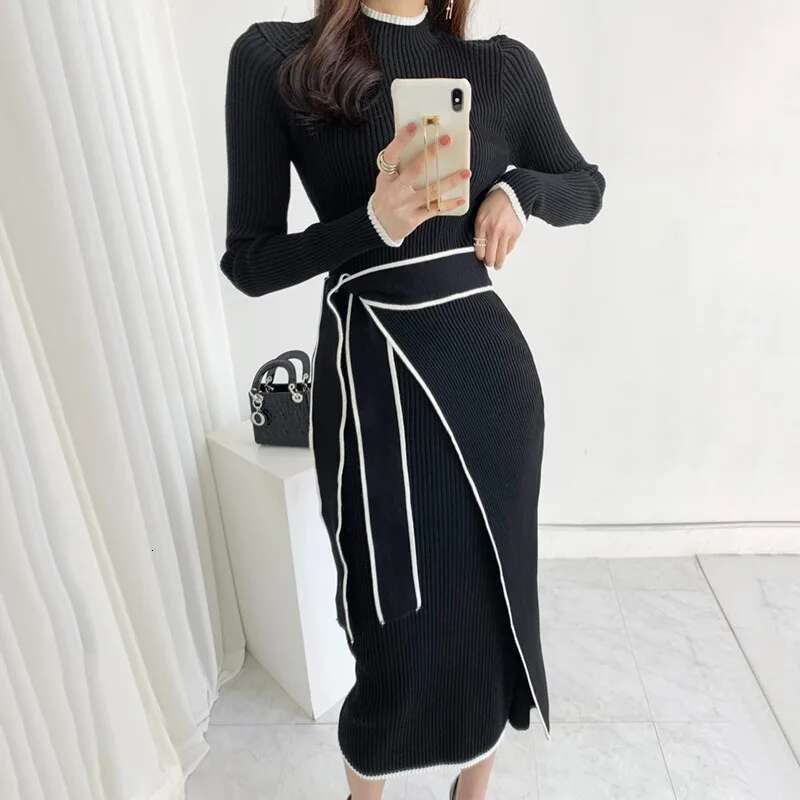 YuooMuoo Elegant Lace Up Turtleneck Knitted Long Korean Fashion Khaki Black Rib Bandage Bodycon Sweater Dress Robe Femme