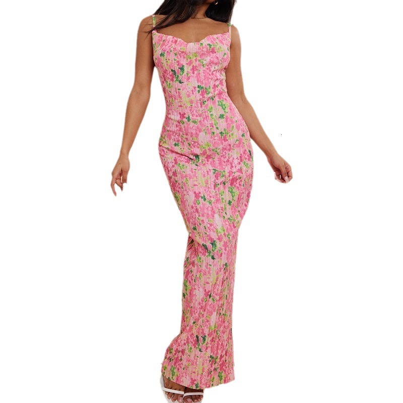 2023 Russian printed pleated slim fitting suspender dress for women