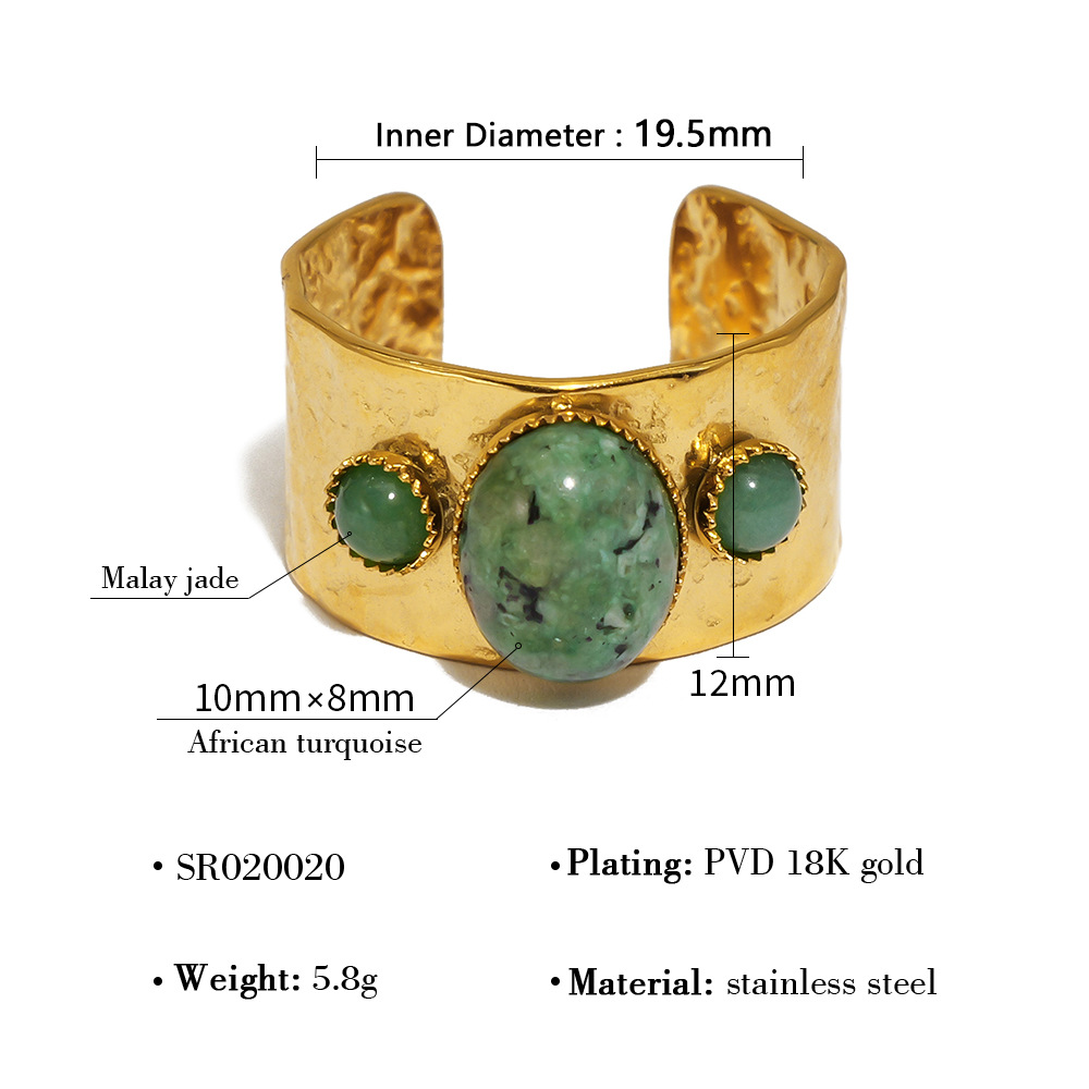 European style stainless steel natural stone ring with 18K gold plating, irregular design, wide open cuff ring for women.