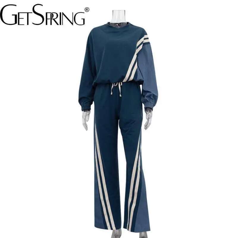 Getspring Women 2024 New Striped Patchwork Full Sleeve Pullover Sweatshirt Drawstring Loose Long Pant Two Pieces Sets