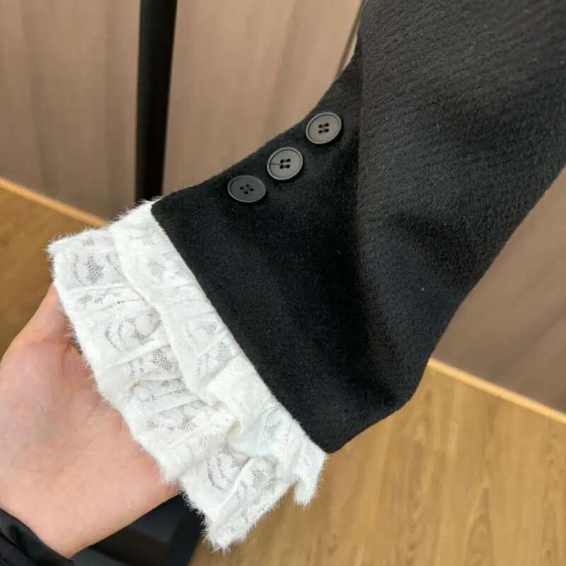 Getspring Women 2025 Spring New Black Short Wool Zipper Blazer Coat High Waist Lace Ed Shorts Two Pieces Sets