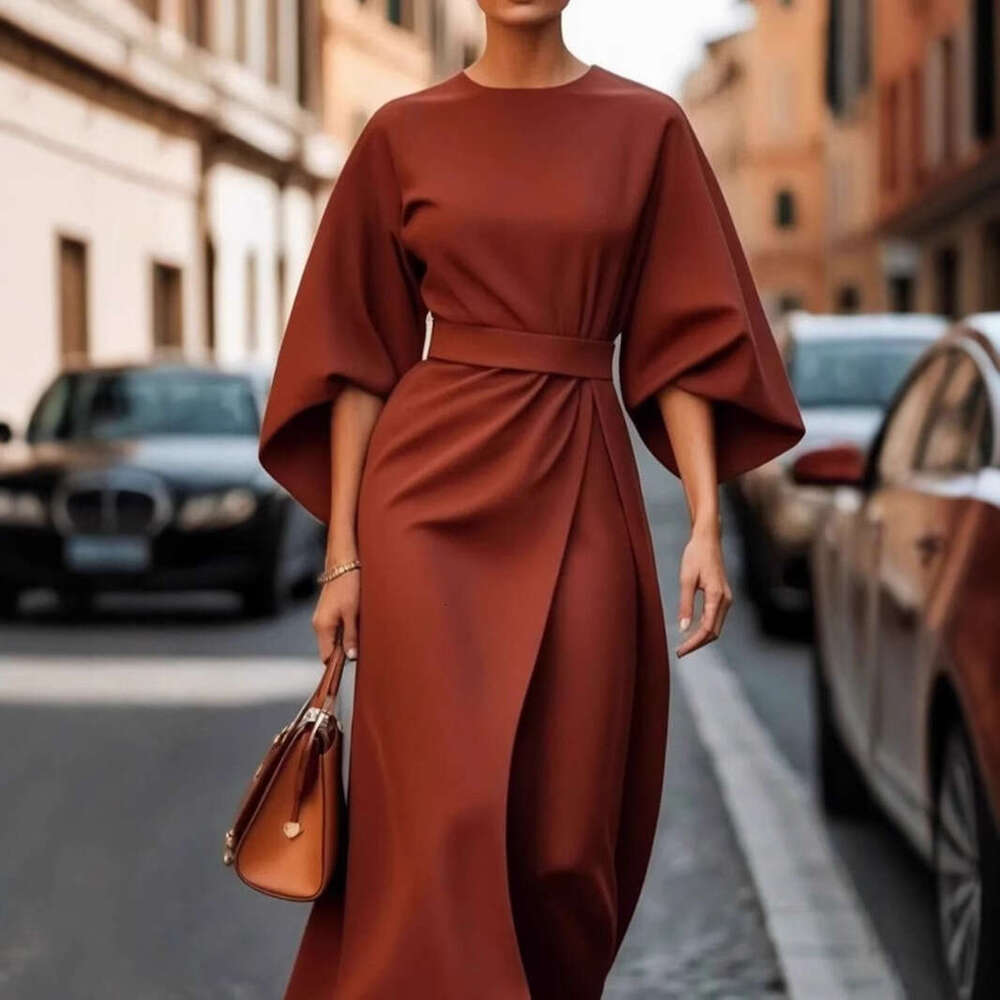 2025 Women's Fashion Elegant Solid Color Waist Casual Bat Sleeve Long Dress