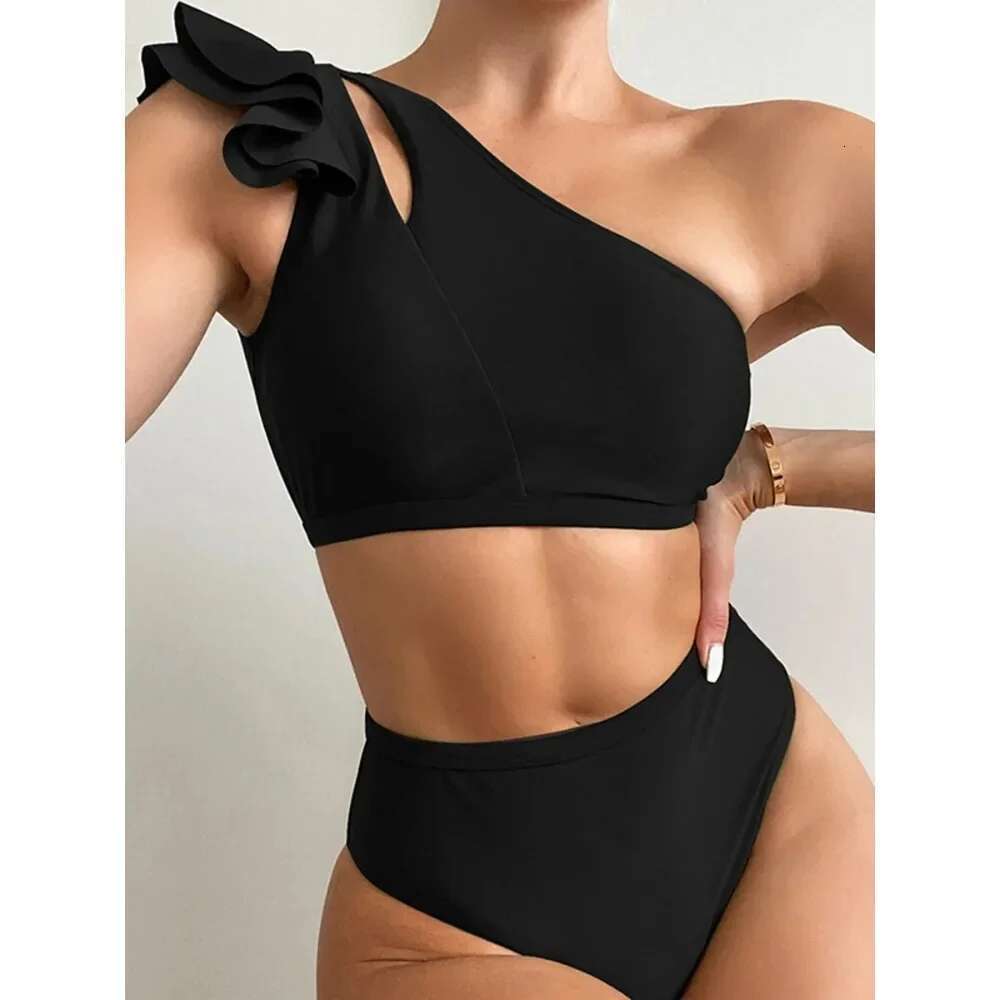One Shoulder Bikinis Women Ruffle Swimsuit Solid High Waist Swimwear Female Padded Bathers Bathing Swimming Suit Beachwear