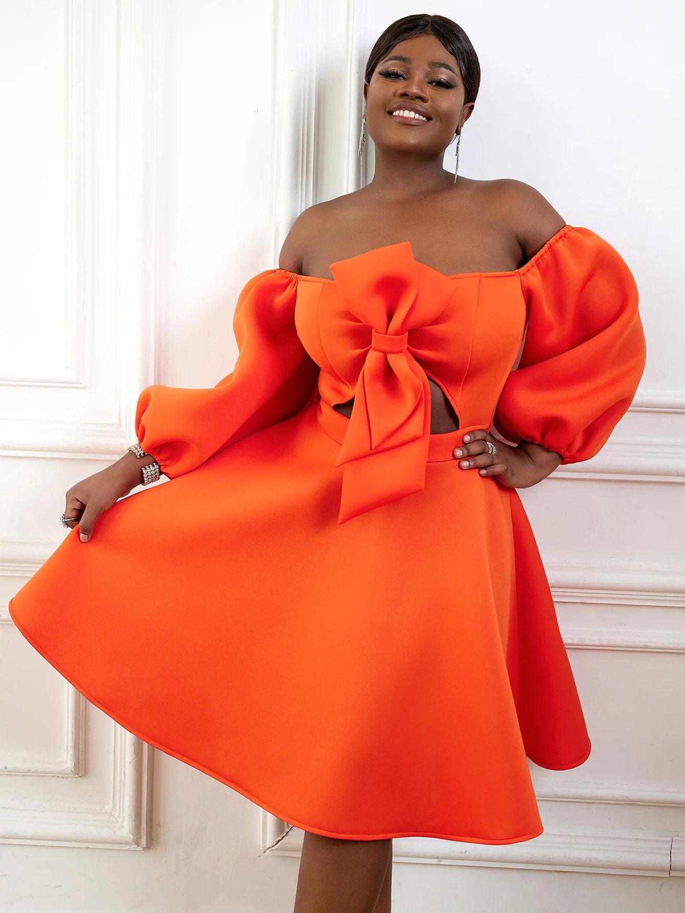 Ogilvy Ball Dress Plus Orange Shoulder Cut ALine Summer Wedding Guests Evening Party Set 4XL 250506
