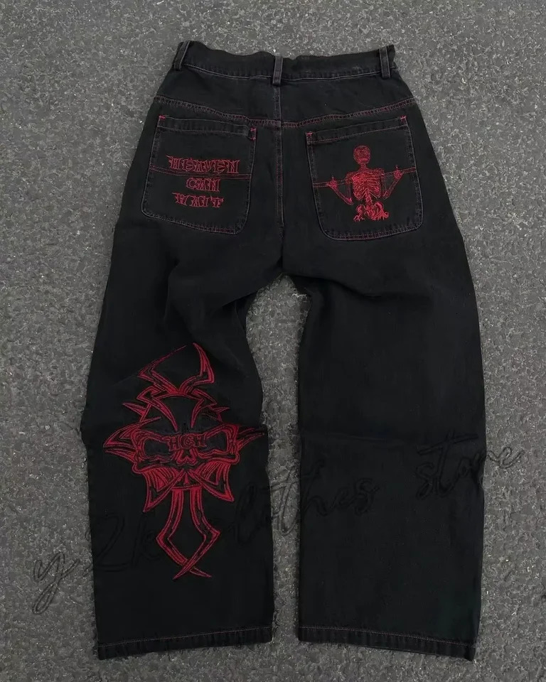Y2K Jeans Mens Hip Hop Retro Skull y Washed Baggy Denim Pants Straight Casual Loose Wide Leg Trouser Streetwear 250514