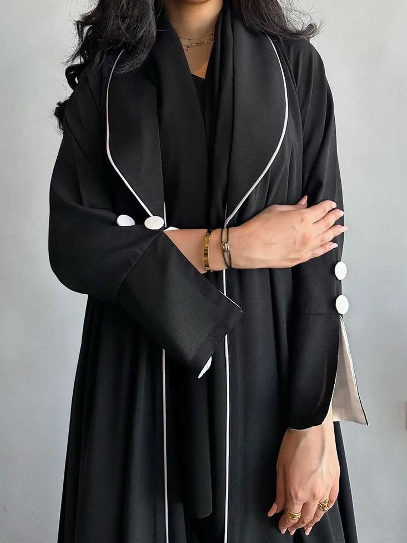 New Contrast Trim Open Front Cardigan Abaya Shawl Collar Robes Women Muslim Moroccan Kaftan Ramadan Jalabiya Islam Dubai Arabic X250514