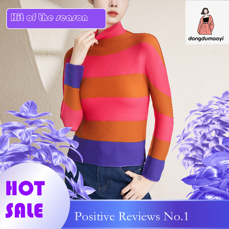 dongdumaoyi Miyake T-shirt for Women 2025 Spring Autumn Half High Collar Long Sleeve Printed Stripe Slimming Top with Fashionable and Versatile Style
