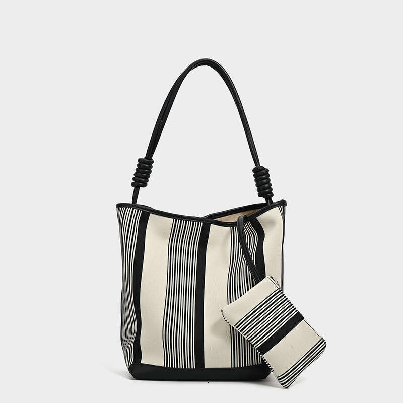 Women's Bags Designer Black And White Striped High-End Water Bucket Large Capacity Elastic Woven Fabric Mother Bag, New Commuting Hand-Held Shoul